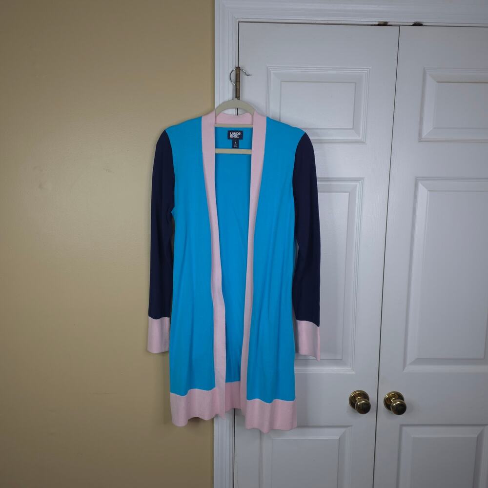 Lands End Longline Color Block Cardigan Sweater Knit Duster Size S
